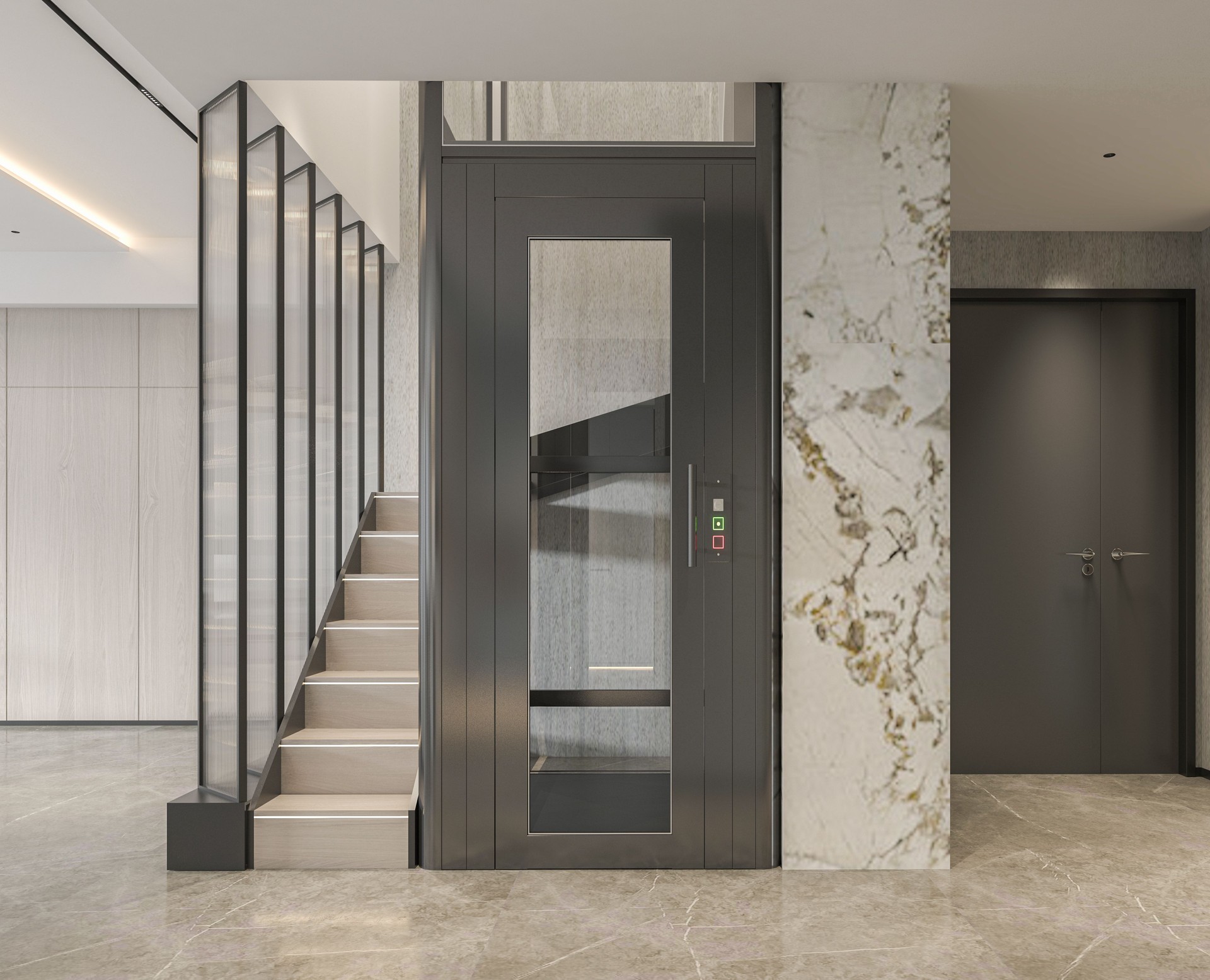 Interior area with elevators and stairs 3D render.