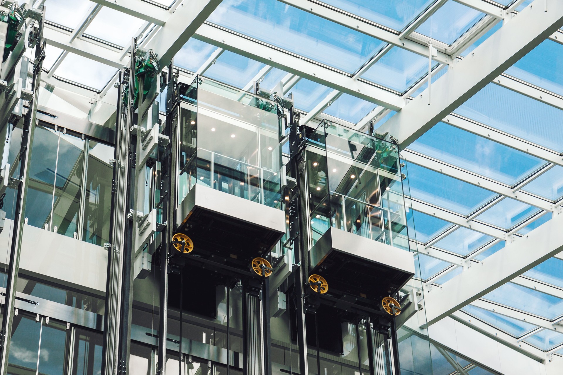 Modern elevator glass cabins